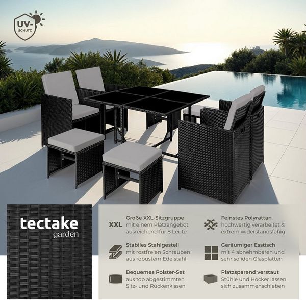 tectake Sitzgruppe Rattan Sitzgruppe, (Set, 9-tlg), für 4 bis 8 Personen