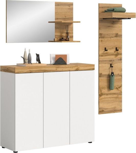 OTTO home Garderoben-Set MAMBO, TOPSELLER!, 3-teilige Kombination, stehend & hängend montierbar, (3-St, bestehend aus: Kommode, Spiegel, Garderobenpaneel), Garderoben-Kombi, Garderobe, Flur, Diele