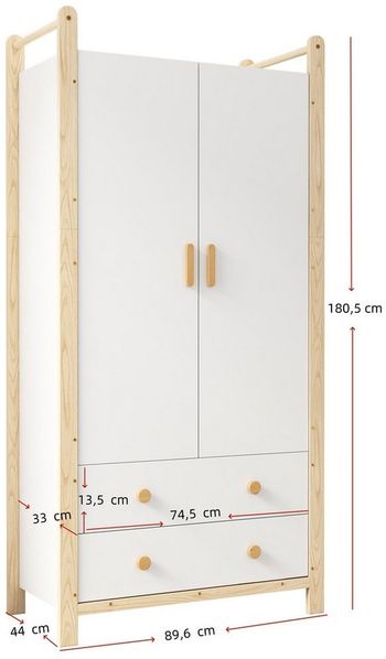 Ulife Kleiderschrank 2-türiger Garderobe mit Kleiderstange und 2 Schubladen (1-St) Flurgarderobe 89,6×44×180,5 cm