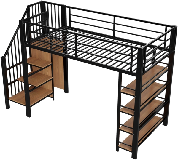 Hochbett 90x200 cm Kinderbett aus Schmiedeeisen mit Leiter, Regalen & Kleiderschrank, stabil, platzsparend, schwarz Bild 9