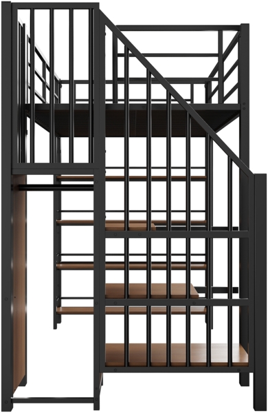 Hochbett 90x200 cm Kinderbett aus Schmiedeeisen mit Leiter, Regalen & Kleiderschrank, stabil, platzsparend, schwarz Bild 10