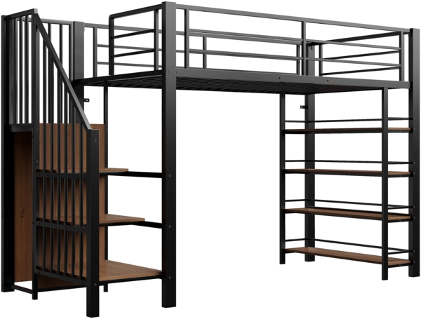 Hochbett 90x200 cm Kinderbett aus Schmiedeeisen mit Leiter, Regalen & Kleiderschrank, stabil, platzsparend, schwarz Bild 7