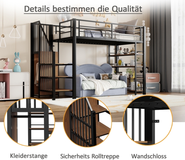 Hochbett 90x200 cm Kinderbett aus Schmiedeeisen mit Leiter, Regalen & Kleiderschrank, stabil, platzsparend, schwarz Bild 4