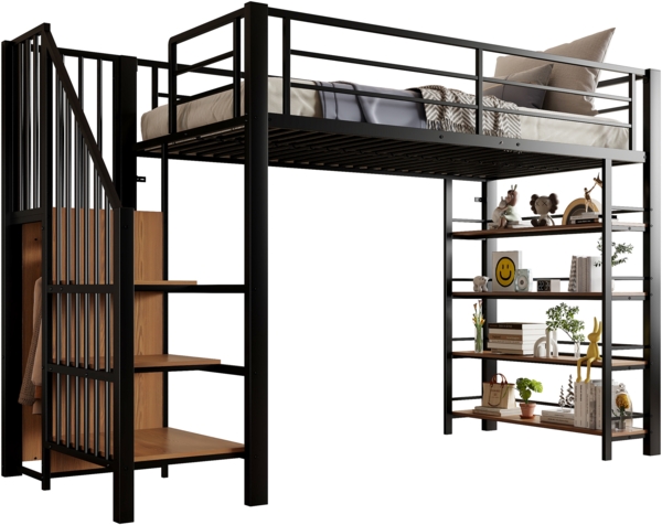 Hochbett 90x200 cm Kinderbett aus Schmiedeeisen mit Leiter, Regalen & Kleiderschrank, stabil, platzsparend, schwarz Bild 6