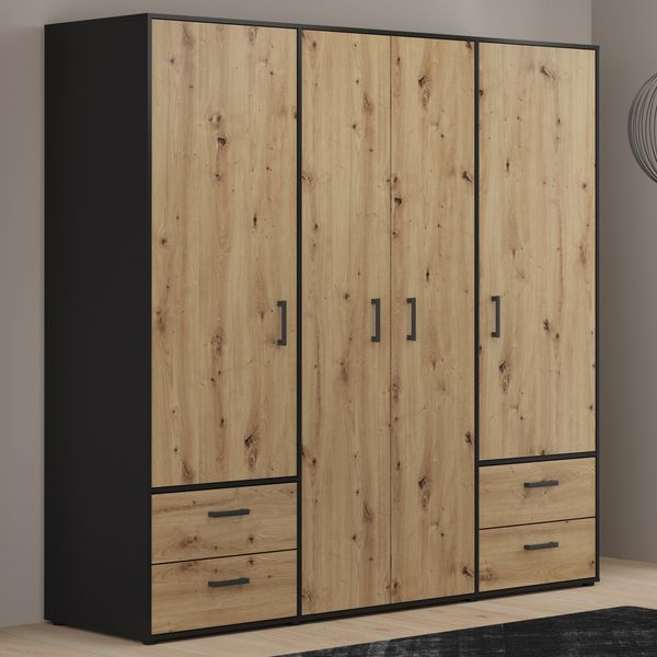 Forte MONISSA Kleiderschrank 200, moderner Drehtürenschrank, 4-türig, 4 Schubladen, Holzwerkstoff, Artisan Eiche Holzdekor|Schwarz, 205,9 cm breit x 200,1 cm hoch x 59 cm tief