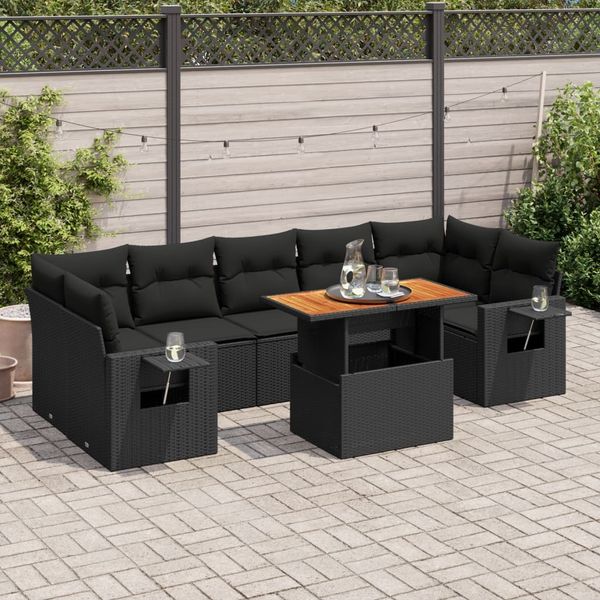 vidaXL 8-tlg. Garten-Sofagarnitur mit Kissen Schwarz Poly Rattan 3327121