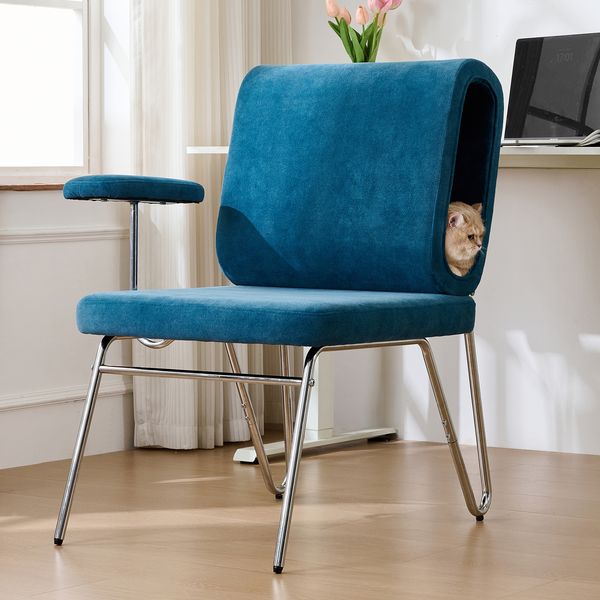 Bürostuhl mit Katzenbett in Rückenlehne, kratzfester Stoff, höhenverstellbar, Blau, 77x70x89 cm
