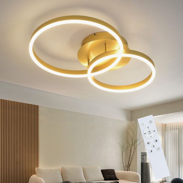 ZMH Deckenlampe LED Deckenleuchte Wohnzimmer - Wohnzimmerlampe Modern Design Dimmbar 59CM Schlafzimmerlampe mit Fernbedienung Gold 2 Ring aus Acryl 46W Deckenbeleuchtung für Schlafzimmer Küche