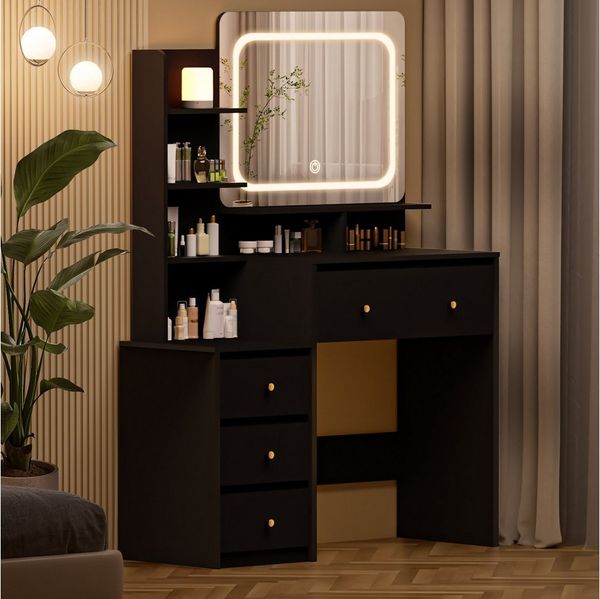 Lexzurn Schminktisch Schminktisch mit LED-Beleuchtung, Kosmetiktisch mit Spiegel, 4 Schubladen+6 offene Fächer, Helligkeit verstellbar, 92.6x132x36 cm