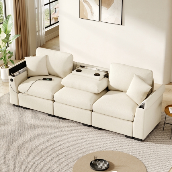Merax 3-Sitzer-Sofa aus Chenille, Stoffsofa mit Kissen, Klapptisch und USB-Anschluss, Getränkehalter und Stauraum, ein multifunktionales Sofa, Beige
