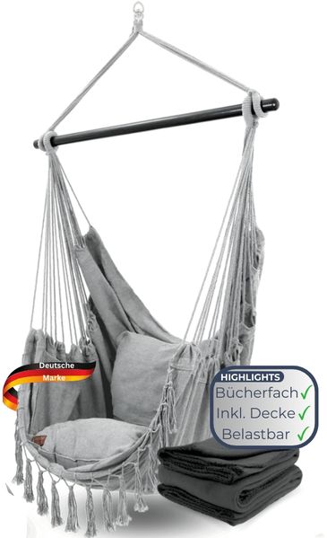 Hängesessel Indoor ohne Gestell MELA - Mit Kuscheldecke & Bücherfach | Hängestuhl mit Kissen Hängeschaukel Outdoor bis 120kg, Grau