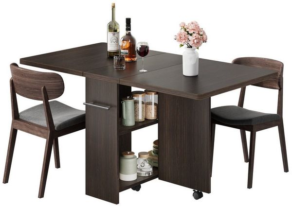 GarveeMore Esstisch klappbarer mit 2 Ablageflächen für 4 Personen, Küchentisch erweiterbar für Esszimmer,Küche,Büromöbel