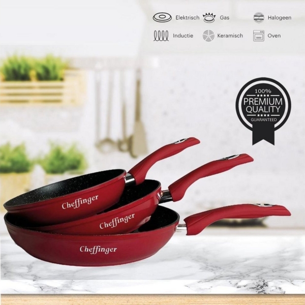 3er Pfannenset Induktion Set Antikratz Bratpfannen Pfanne Antihaft Induktions-Bratpfanne ø 20 cm, ø 24 cm, ø 28 cm, rot Bild 3
