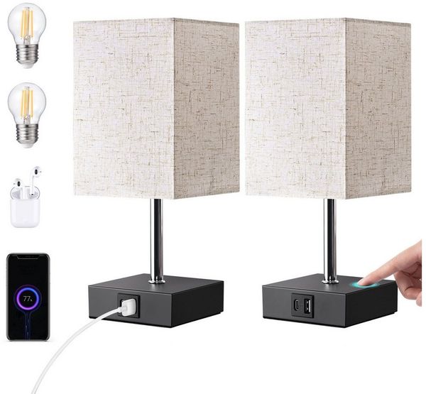 EDISHINE LED Nachttischlampe Schreibtischlampe Touch Dimmbar, 2er-Set Tischleuchten mit USB, LED wechselbar, warmweiß, kleine Tischlampe mit Ladefunktion für Fensterbank, Geschenk