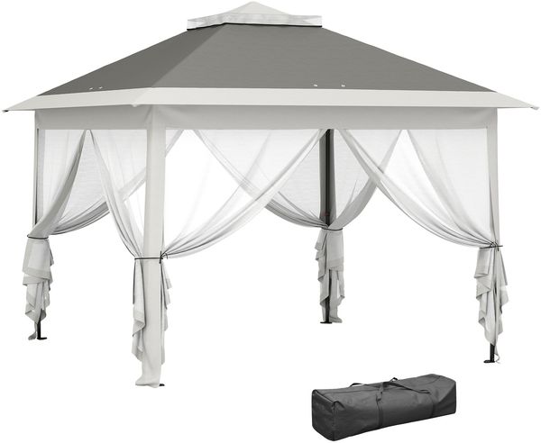 Faltbares Pop-up-Zelt 3,3x3,3 m, höhenverstellbar, Doppeldach, abnehmbare Moskitonetze und Tragetasche inklusive, UV-beständiges Grau