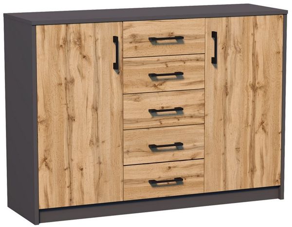 Home Collective Kommode mit 5 Schubladen und 2 Türen in matter Ausführung, Kommode 110cm breit (mit hochwertigen Polymergriffen, aus laminierter Platte gefertigt, Metallrollen mit Auszugsstopp), Schrank Sideboard Highboard mit Schubladen Graphit und Ei...