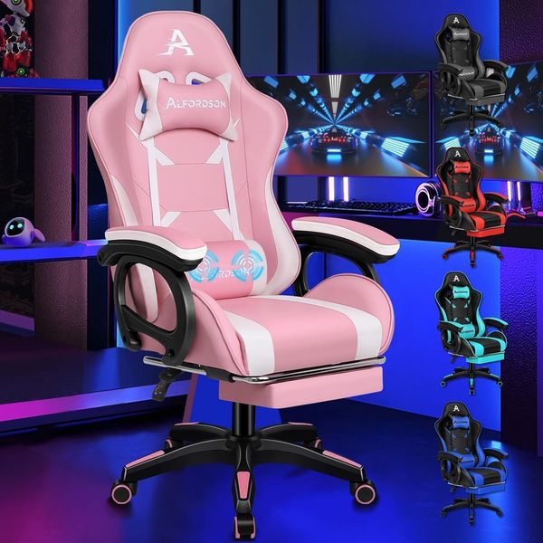 Gamingstuhl mit Massage Fußstütze Kopfstütze Lendenkissen 150° Rückenlehne Rosa