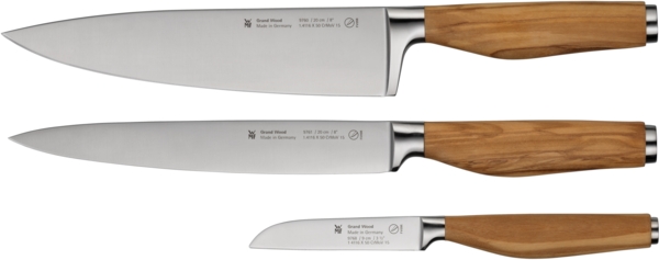 WMF Messer-Set Grand Wood (Set, 3-tlg, 1x Fleischmesser, 1x Gemüsemesser, 1x Kochmesser), 3-teilig, Olivenholzgriffe, Spezialklingenstahl, perfekt ausbalanciert