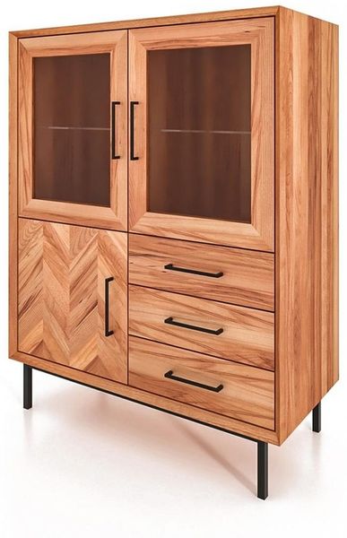 Anrichte Seiba Kernbuche massiv 97x45x125 Fischgrät 3 Türen 3 Schubladen Glas