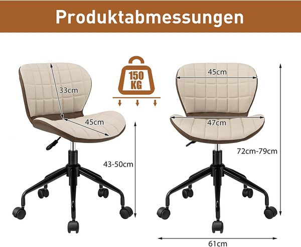 COSTWAY Bürostuhl h?henverstellbarer, ergonomischer Drehstuhl 150kg belastbar ohne Armlehnen Computerstuhl Chefsessel für Arbeitszimmer & Büro, Beige+Grau Bild 5