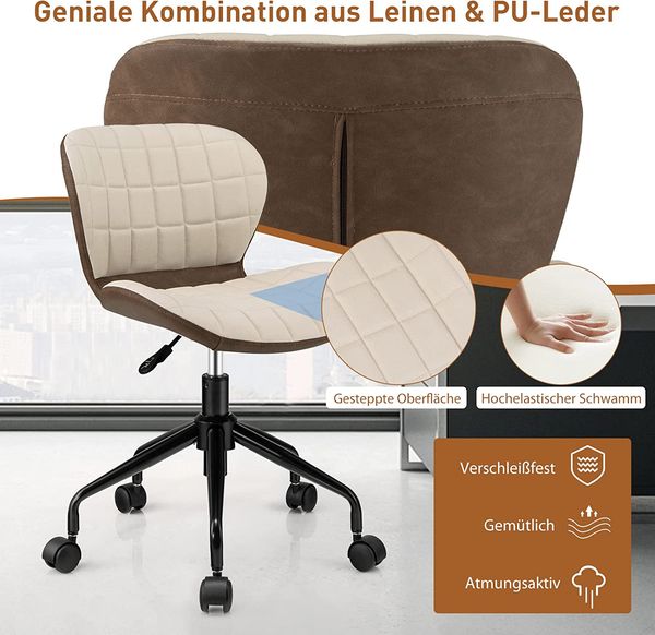 COSTWAY Bürostuhl h?henverstellbarer, ergonomischer Drehstuhl 150kg belastbar ohne Armlehnen Computerstuhl Chefsessel für Arbeitszimmer & Büro, Beige+Grau Bild 3
