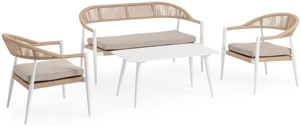 Garten-Set Jandia Aluminium Rattan, modern skandinavisch, weiß beige, inkl. Kissen für 4 Personen