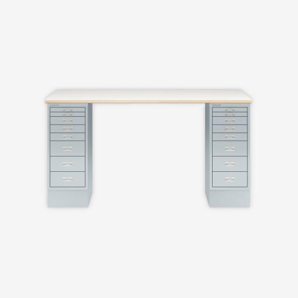 MultiDesk, 2 MultiDrawer mit 8 Schüben, Dekor Plywood, Farbe Lichtgrau, Maße: H 740 x B 1400 x T 600 mm