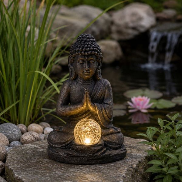 MARELIDA LED Solarleuchte LED Solar Buddha Gartenfigur Buddhafigur Terrasse H: 27cm Lichtsensor, LED Classic, warmweiß (2100K bis 3000K)