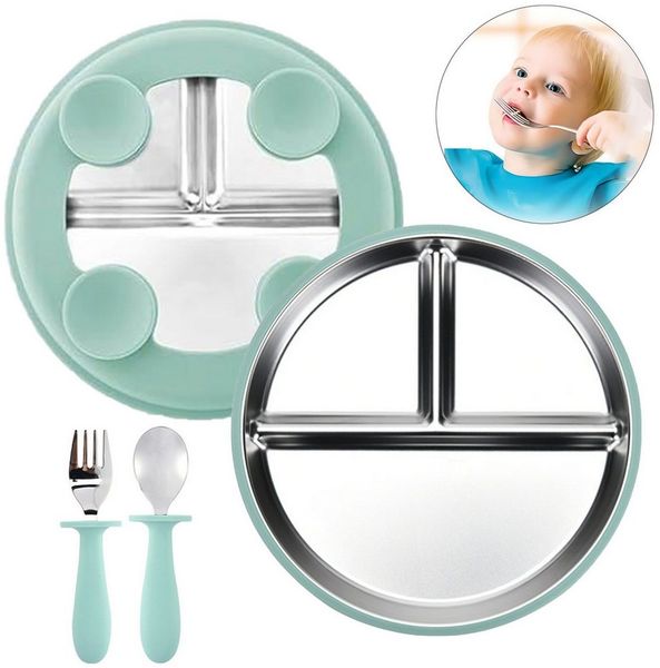 Mutig Kindergeschirr-Set 3 Stück Edelstahl Baby Teller mit Silikon Saugnapf mit Löffeln&Gabeln, 1 Personen, Spülmaschinenfest & BPA Frei mit Unterteilung,Für Kinder geeignet