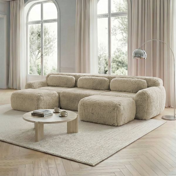 Flieks 3-Sitzer Sofa, U-förmiges Sofa, Schlafsofa, rahmenlos modular mit 2 Ottoman & 3 Kissen, rutschfester Boden, Plüsch, Hellkhaki