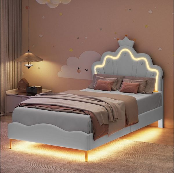 PXloue Polsterbett Einzelbett Kinderbett (Ideal für ein Märchenhaftes Kinderzimmer), LED Kopfteil in Blumenform,mit Lattenrost und Metallbeinen,90x200 cm