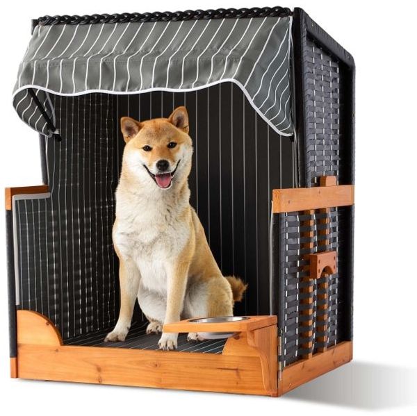 Relaxdays Hundestrandkorb Holz & Rattan inkl. Napf