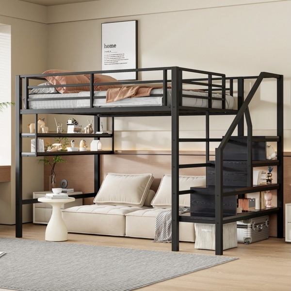 Flieks Hochbett Metallbett 140x200 cm mit Einlegeböden und Stauraumtreppe