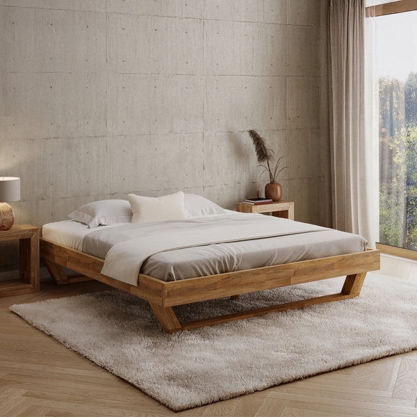 skølm 'Nornir' Bett 180x200 cm, Bettgestell, natur geölt, Massivholzbett aus Eiche mit Holzkufen, Doppelbett ohne Bettkopf