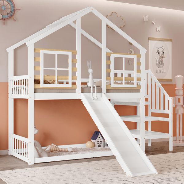 Etagenbett 90x200 cm mit Rutsche, Treppe, Fenster & Hausdach – Kinder Hochbett Spielbett mit Absturzsicherung