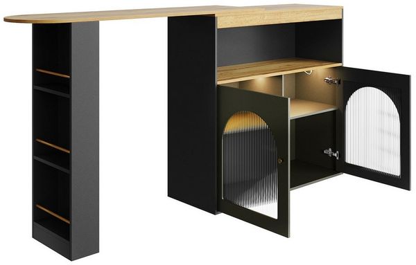 i@home Bartisch Ausziehbarer Esstisch mit Stauraum (138-193X39X105CM, Bis 50 kg belastbar, 1x Bartisch), Mit 1m langem LED Lichtstreifen, 2 Türen, drehbar, Schwarz