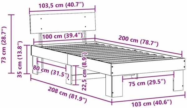 vidaXL Bettrahmen mit Kopfteil Natur 100 x 200 cm Massives Kiefernholz 872581 Bild 9