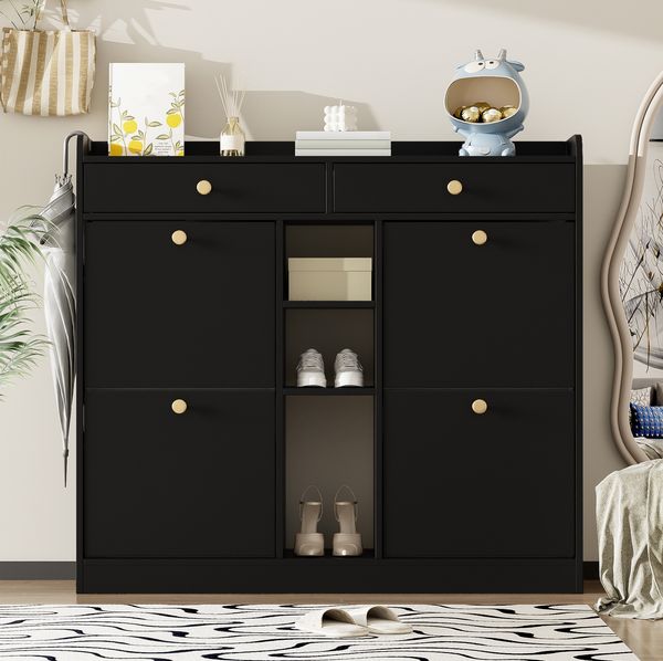 Schuhschrank mit 4 Klapptüren, 2 Schubladen & 3 Fächern, 110x26x100 cm, Schwarz