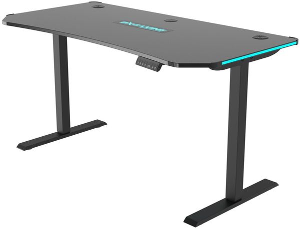 BXGAMING 'CEDRIC' Höhenverstellbarer Schreibtisch, Carbonfaser schwarz, 140 x 120 x 70 cm, mit USB-Anschluss und LED-Beleuchtung