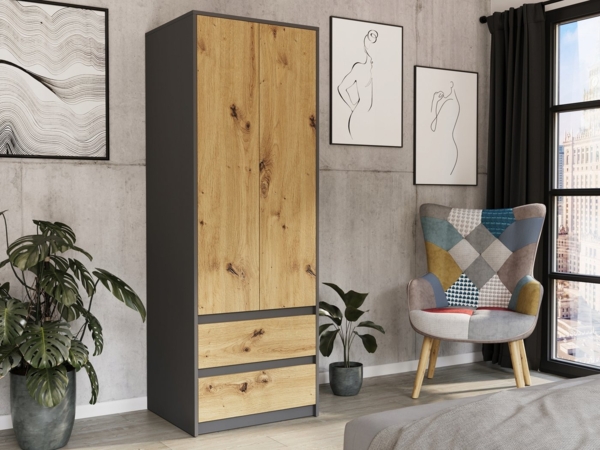 Home Collective Kleiderschrank Moderner schrank mit 2 Schubladen und 2 Türen (Platzsparender Schrank für Schlafzimmer, Ankleidezimmer, Flur, Kinderzimmer) Anthrazit Artisan – 63x55x180 cm (BxTxH)