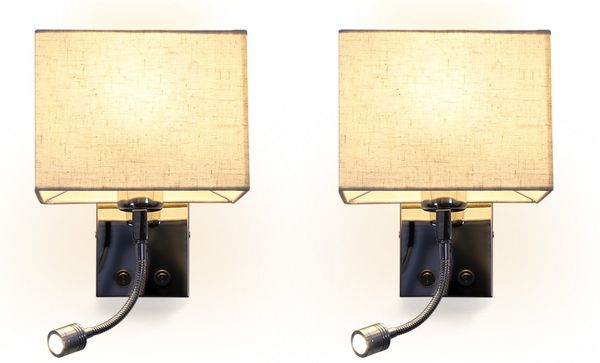 ZMH 2er Set LED Wandlampe Innen Schlafzimmer Wandlampe Wohnzimmer Nachttischlampe Stoff mit Flexiblem Lesearm E27