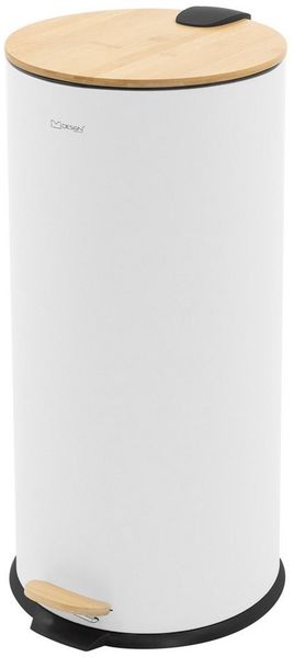 ML-DESIGN Mülleimer Treteimer Tretmülleimer Küchenmülleimer mit Fußpedal Softclose 62,5cm, Badeimer Abfalleimer 30L rund Weiß Stahl mit Inneneimer Bambusdeckel