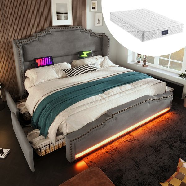 Polsterbett 140x200 cm mit Matratze, 4 Schubladen, LED, USB-C, Samt Grau