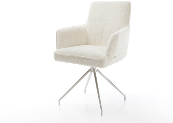 Drehstuhl Heira-Flex mit Armlehnen Bouclé Weiß Kreuzgestell konisch Edelstahl 180° drehbar Taschenfederkern