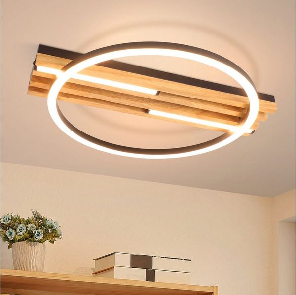 Nettlife LED Deckenleuchte Dimmbar Holz 3 Ringe 46W Modern Deckenlampe 70cm Wohnzimmer, LED fest integriert, 1/2/3/4 Ringe für Schlafzimmer Büro Küche