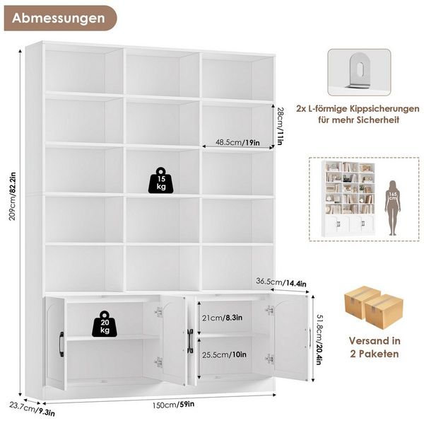 Homfa Bücherregal 209cm Bücherschrank Hochschrank Raumteiler Standregal, mit 15 offenen Fächern und 4 Türen, Holz, 150x23,7x209 cm, Weiß