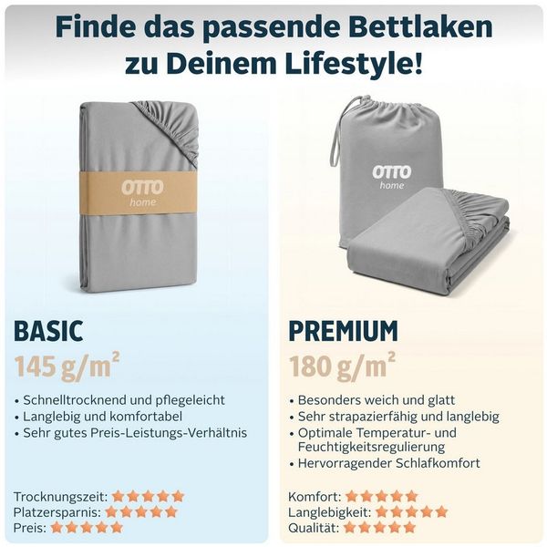 OTTO home Spannbettlaken Cremona in BASIC und PREMIUM Qualität, Baumwolle mit Elasthan, Jersey (180 g/m), Gummizug: rundum, (1 Stück), Jersey Bettlaken ab Größe 90x200 cm, Strapazierfähig und langlebig