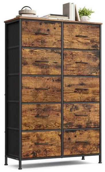 SONGMICS Kommode, Schrank, 10 Stoffschubladen, für Schlafzimmer, Flur, Wohnzimmer, braun-schwarz