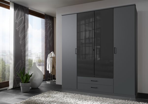 Drehtürenschrank >Soest< in GRAPHIT + GLAS SCHWARZ - 180x199x58cm (BxHxT)
