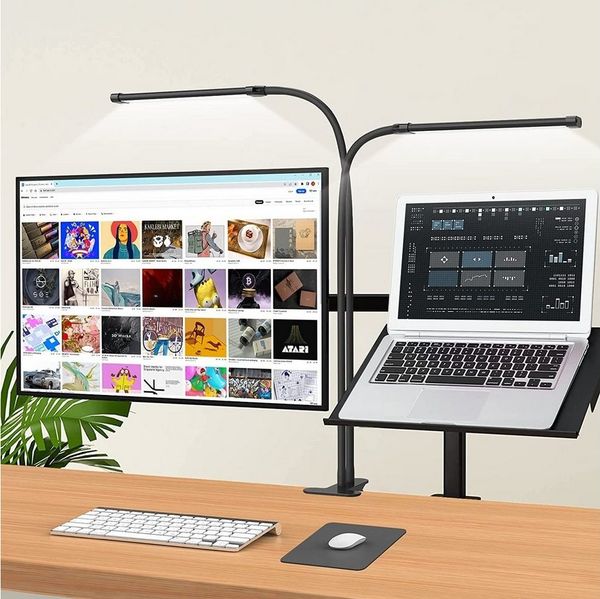 Sunicol Schreibtischlampe Doppelkopf Dimmbar Klemmbar Schreibtisch Lampe, USB, 10W, 3 Farbtemperaturen, 10 Helligkeitsstufen, Schwanenhals, 2×70cm